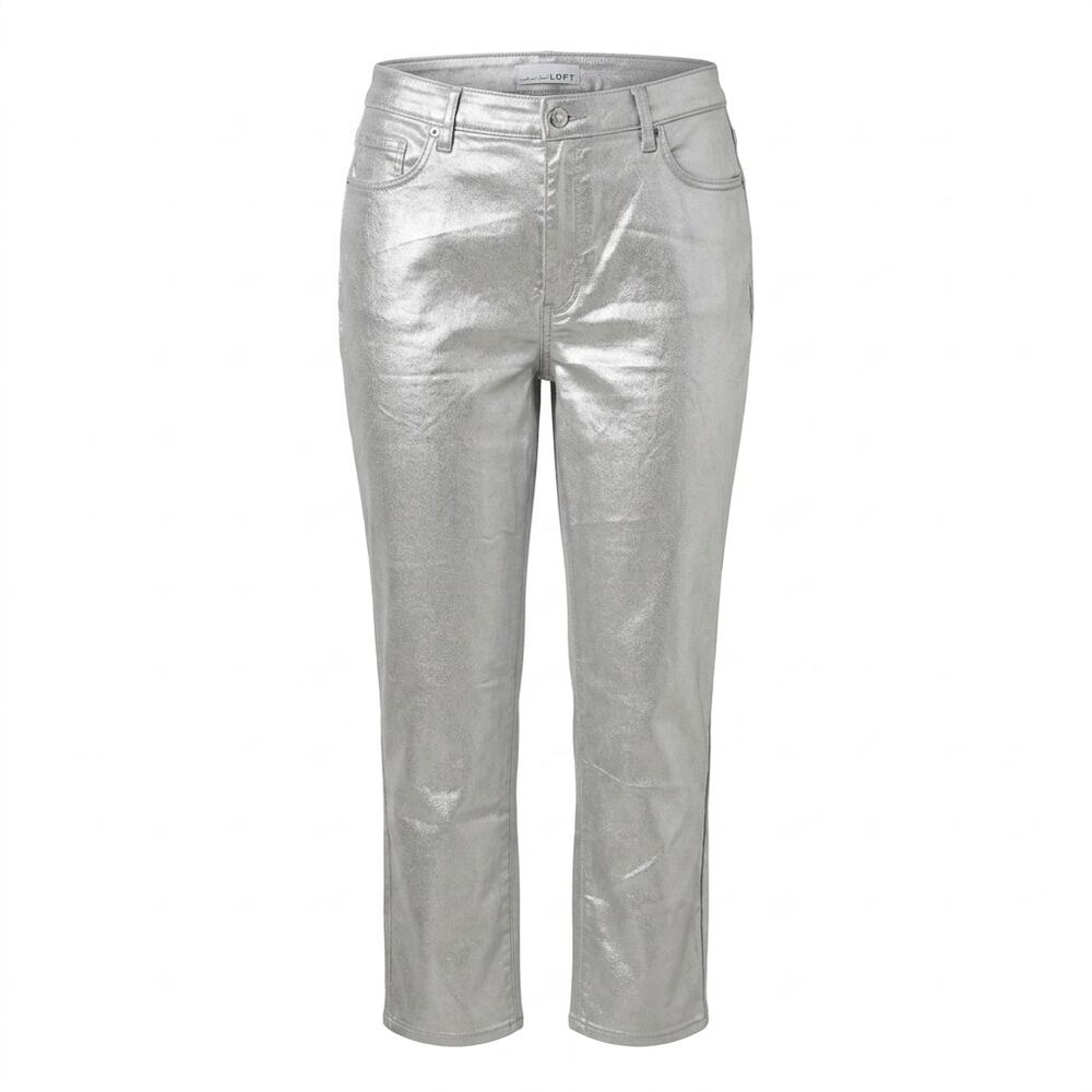 Loft The Straight Silver Metallic Coated Stretch Jeans Women Size 14